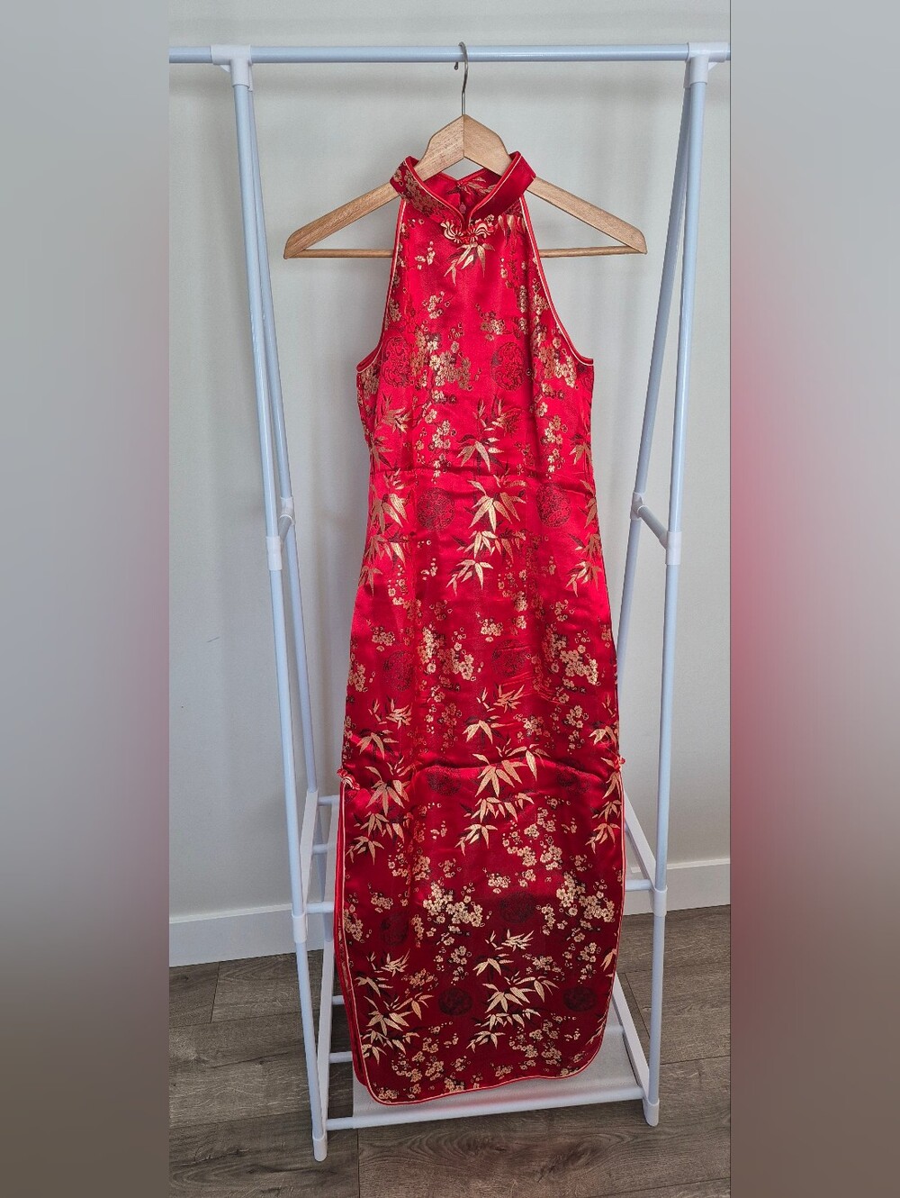 Red Floral Satin Cheongsam Dress